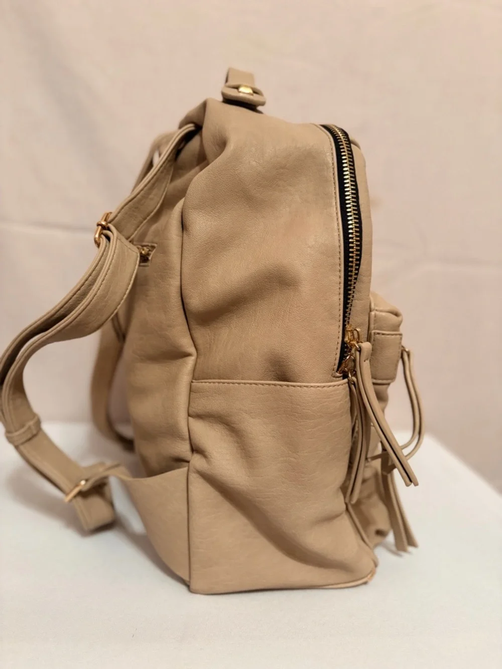 Beige Leather Backpack Purse - Women's Everyday Bag
